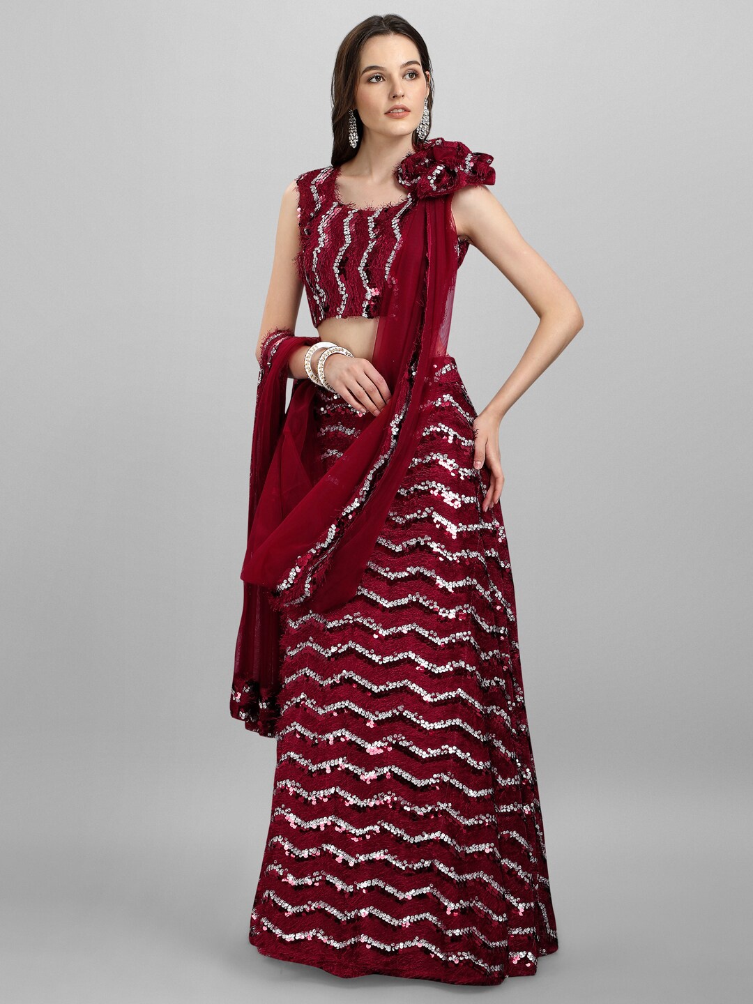 

KALINI Embellished Sequinned Semi-Stitched Lehenga & Unstitched Blouse With Dupatta, Maroon