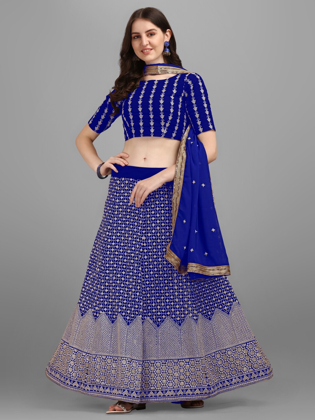 

KALINI Embroidered Thread Work Semi-Stitched Lehenga & Unstitched Blouse With Dupatta, Blue