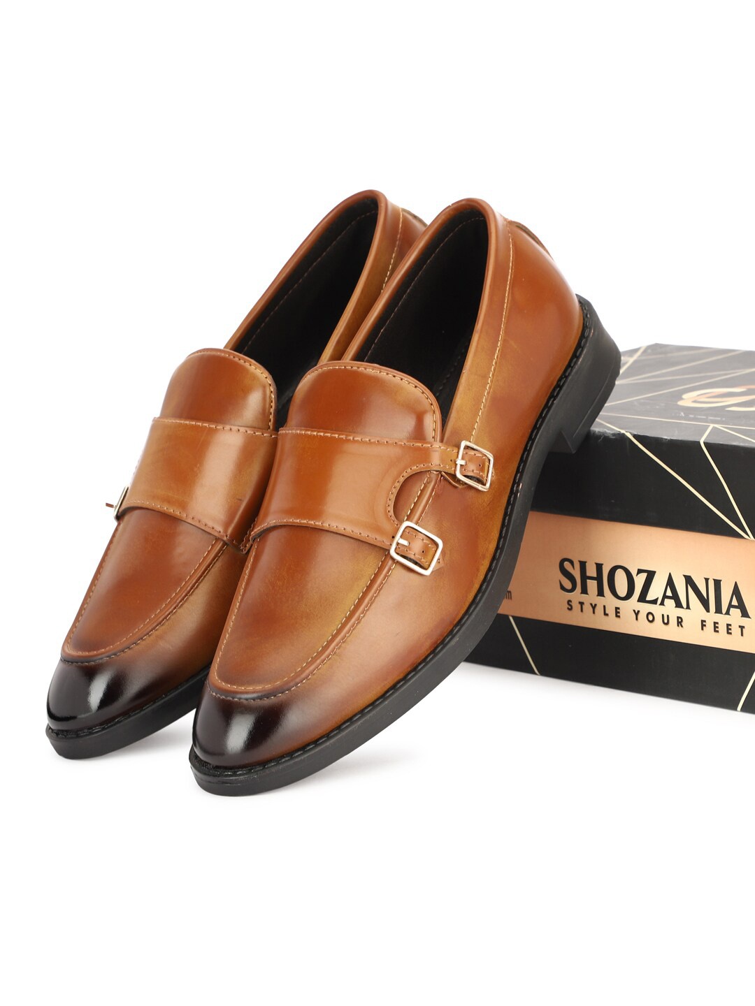 

SHOZANIA Men Buckle Detail Leather Formal Loafers, Tan