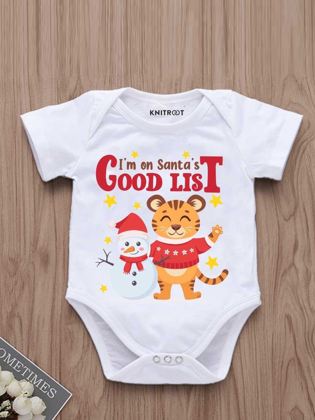 

KNITROOT Infants Santa's Good List Printed Short Sleeves Bodysuit, White