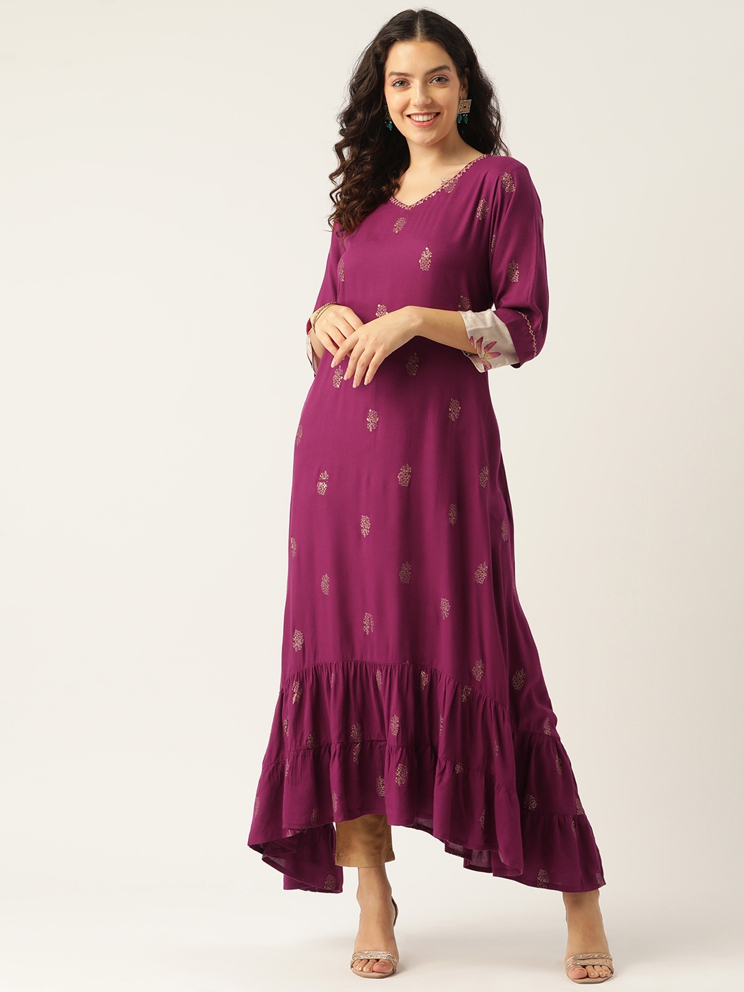 

Rue Collection Women Floral Printed Sequinned Anarkali Kurta, Burgundy