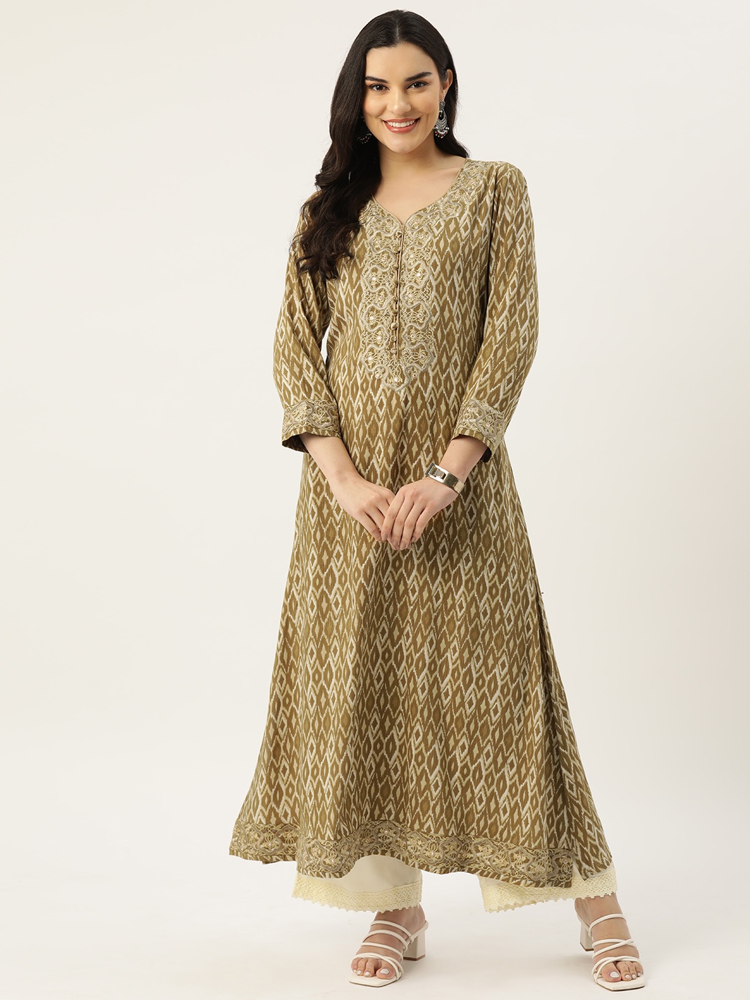 

Rue Collection Women Ikat Print Thread Work Indie Prints Anarkali Kurta, Olive