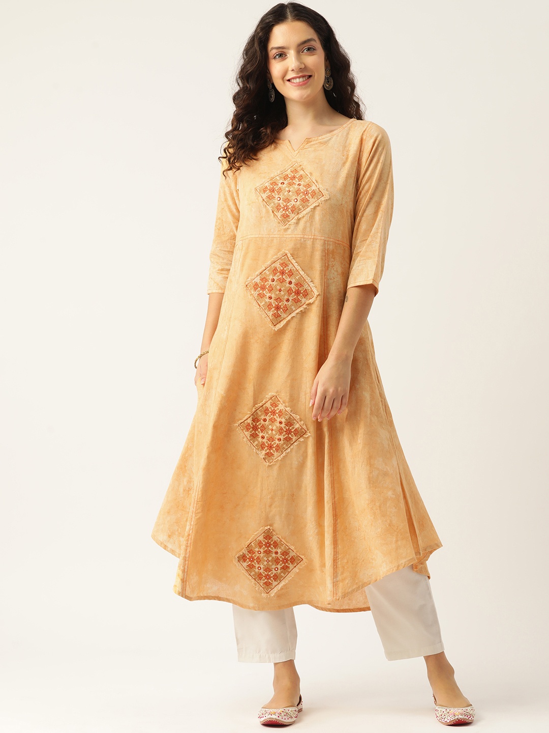 

Rue Collection Women Floral Embroidered Mirror Work Anarkali Kurta, Yellow