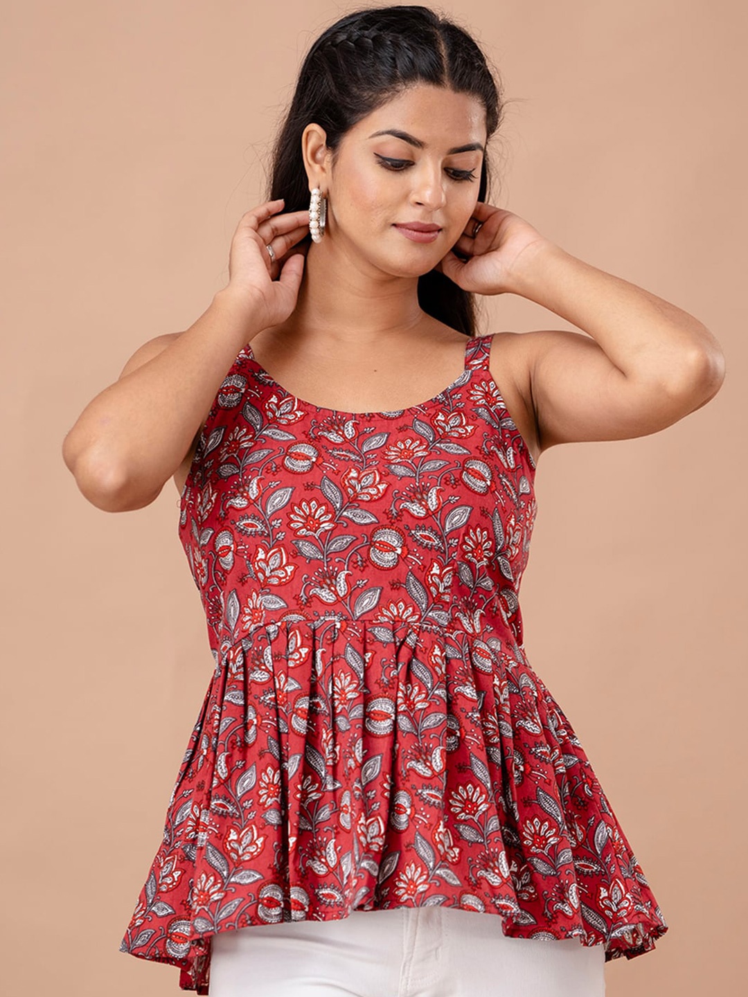 

FERANOID Floral Printed Gathered or Pleated Pure Cotton Peplum Top, Red