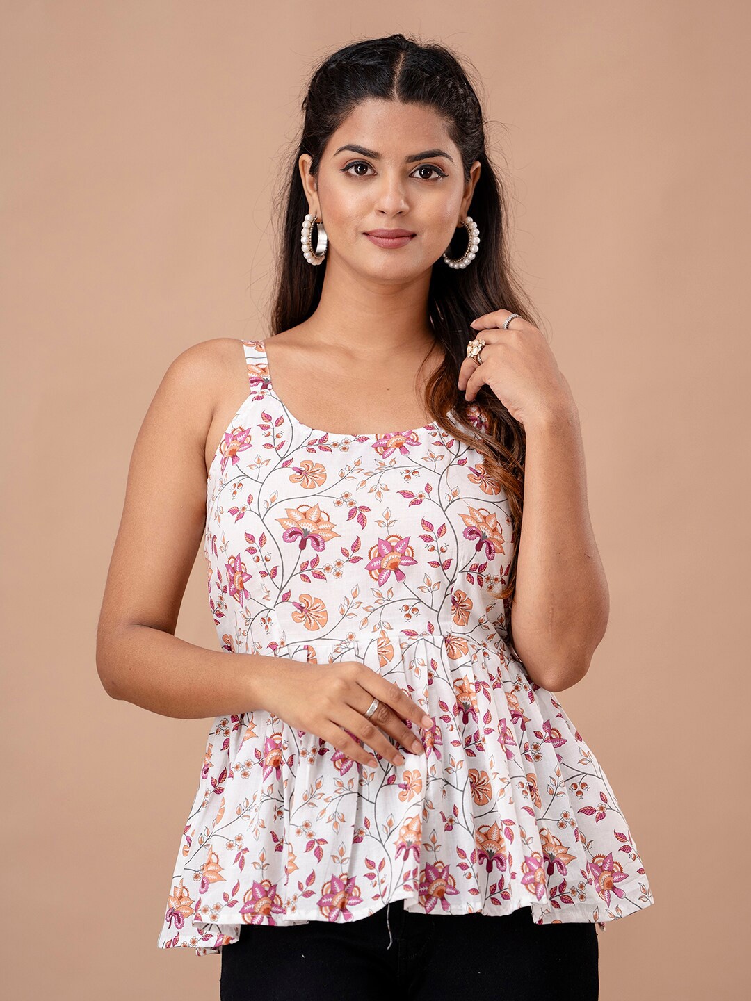 

FERANOID Floral Printed Shoulder Straps Gathered or Pleated Pure Cotton Peplum Top, White
