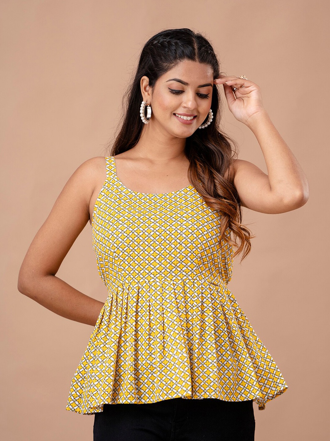 

FERANOID Ethnic Motifs Printed Cotton Peplum Top, Yellow