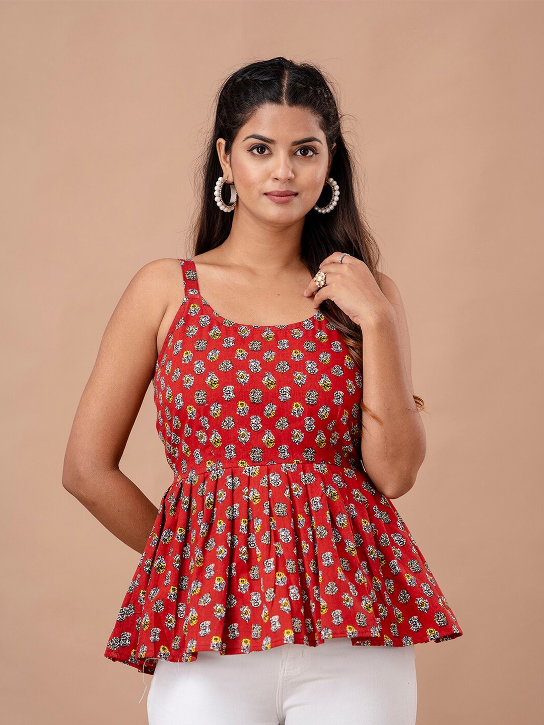 

FERANOID Floral Printed Gathered or Pleated Pure Cotton Peplum Top, Red