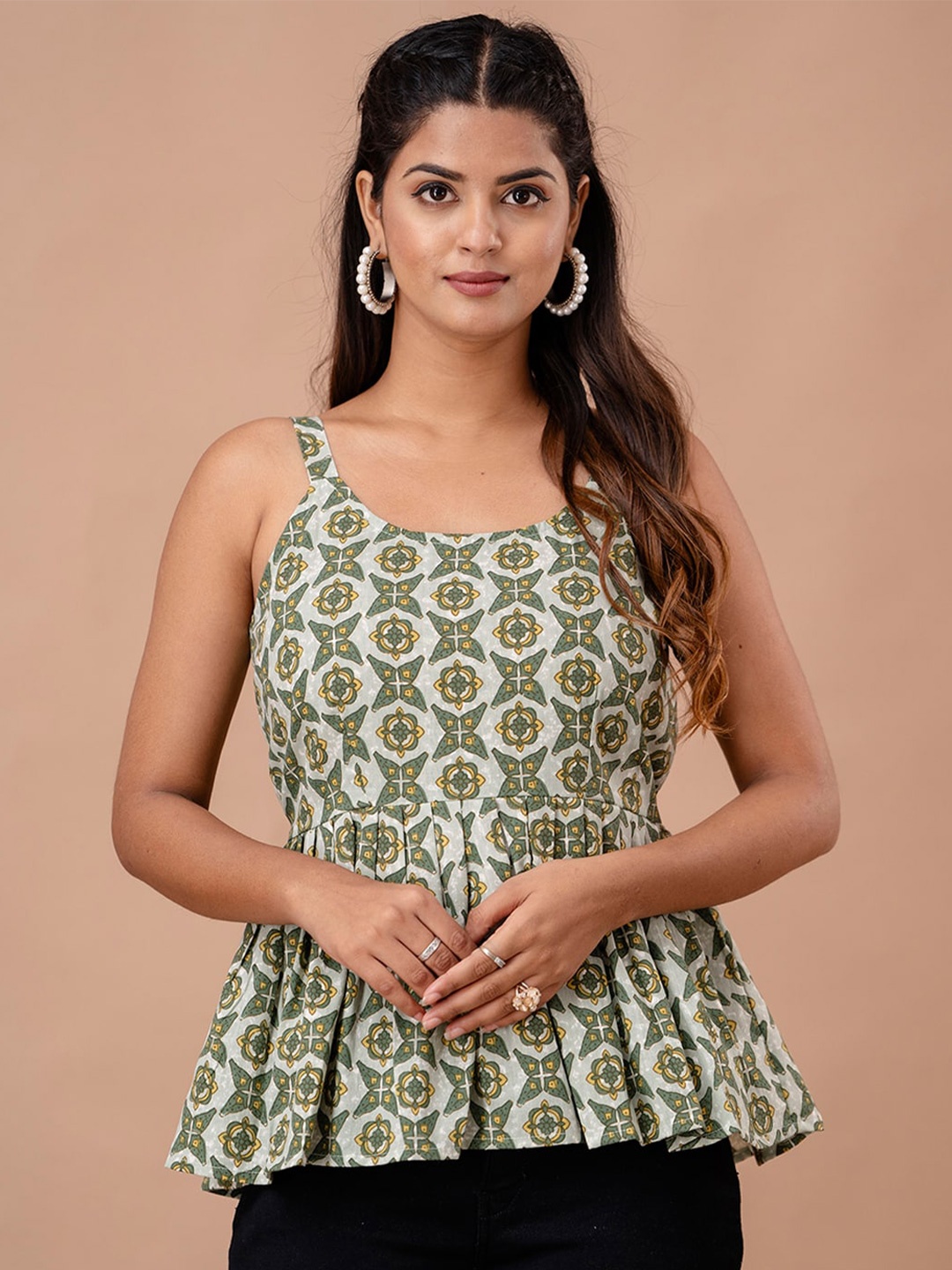 

FERANOID Ethnic Motifs Printed Gathered or Pleated Pure Cotton Peplum Top, Olive
