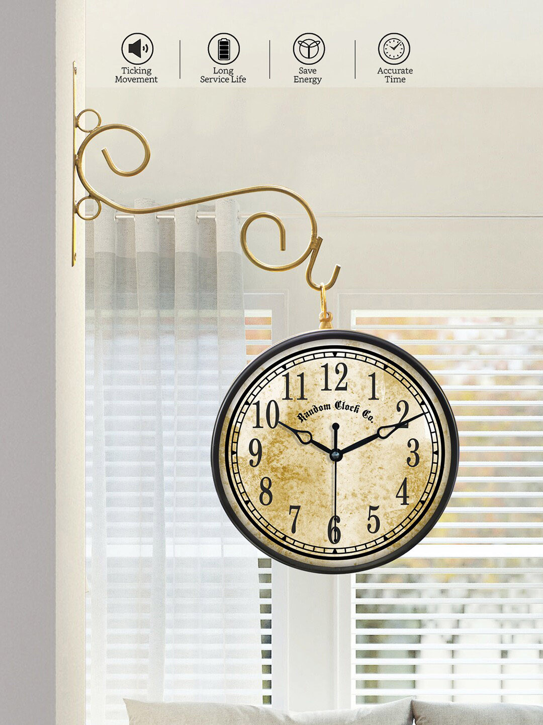 

RANDOM Gold-Toned & Black Printed Double Sided Vintage Wall Clock