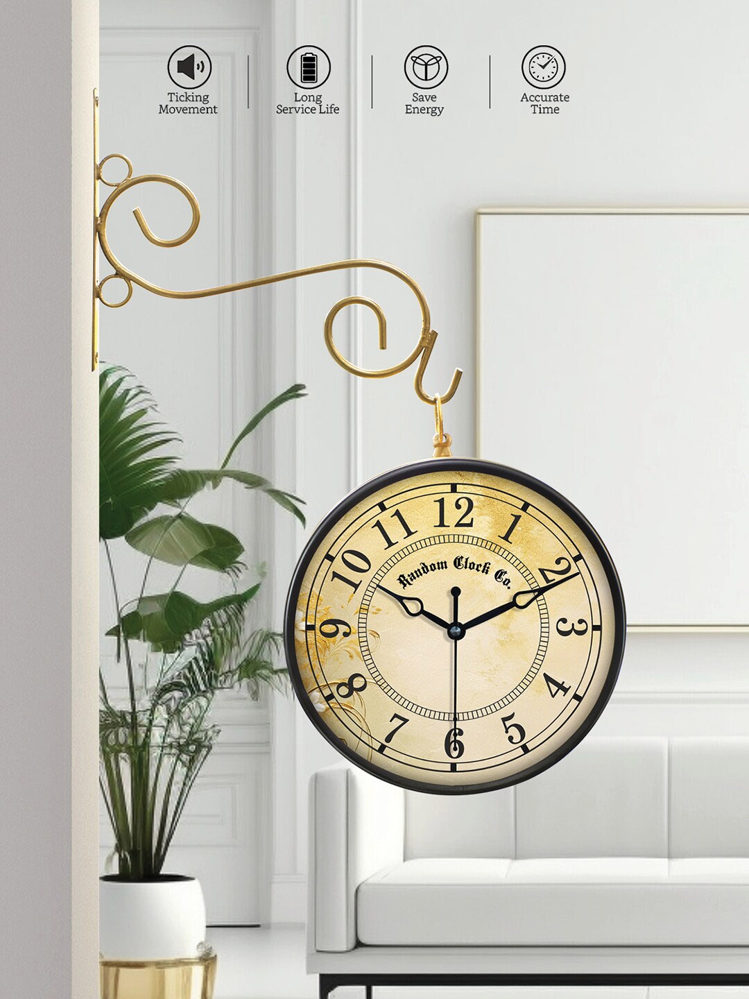 

RANDOM Gold-Toned & Black Printed Double Sided Vintage Wall Clock