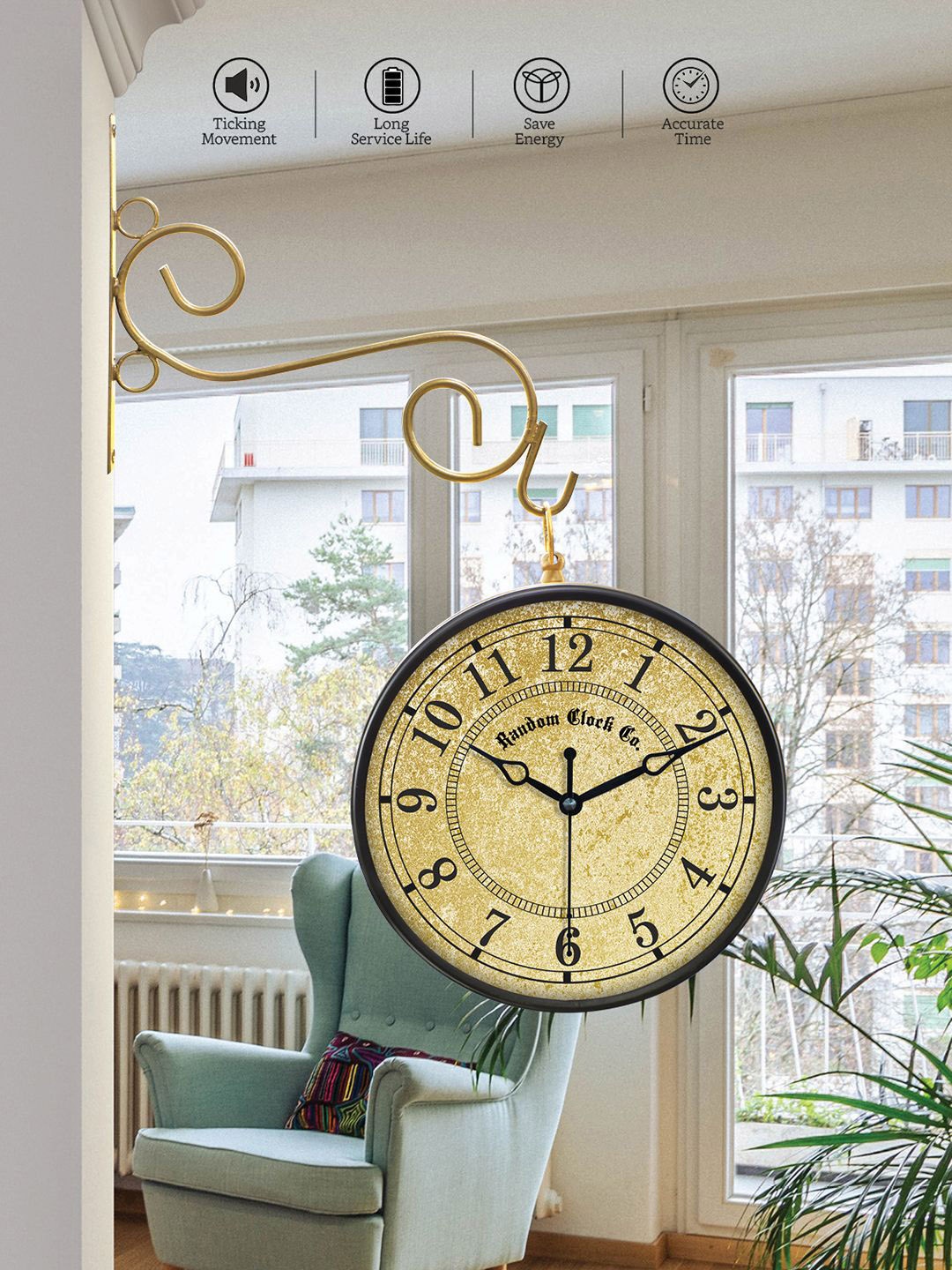 

RANDOM Gold-Toned & Black Printed Double Sided Vintage Wall Clock