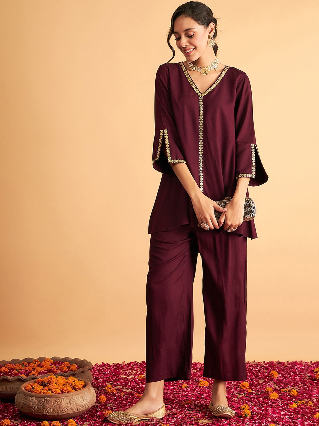 

Shae by SASSAFRAS Embroidered Top With Trousers, Burgundy