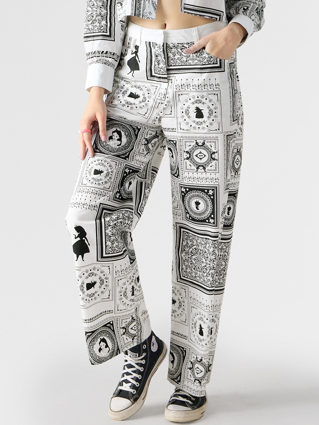 

The Souled Store Women Alice In Wonderland Printed Relaxed Flared Parallel Trousers, White
