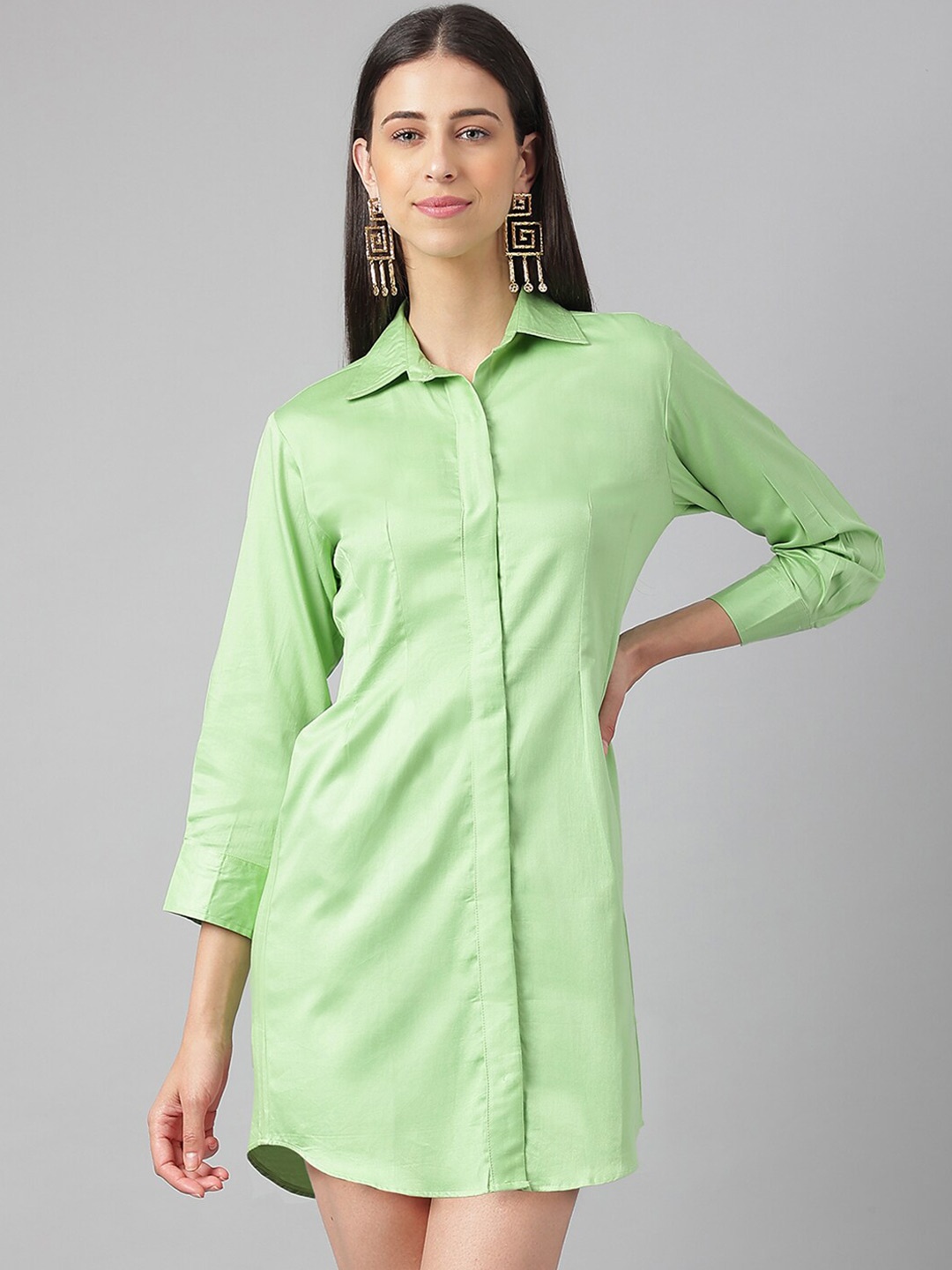 

Oh So Fly Cuffed Sleeves Cotton Shirt Style Mini Dress, Green