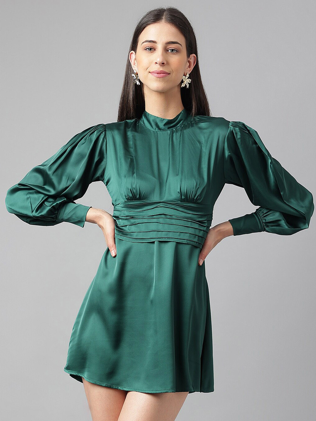 

Oh So Fly High Neck Puffed Sleeves Cut-Outs Satin Fit & Flare Mini Dress, Green