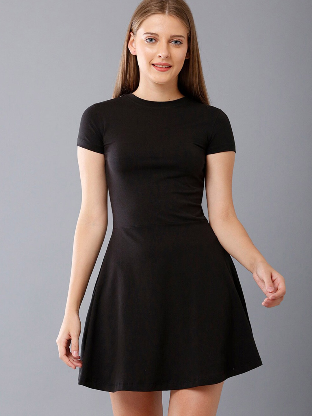 

Oh So Fly Round Neck Cotton Sheath Mini Dress, Black