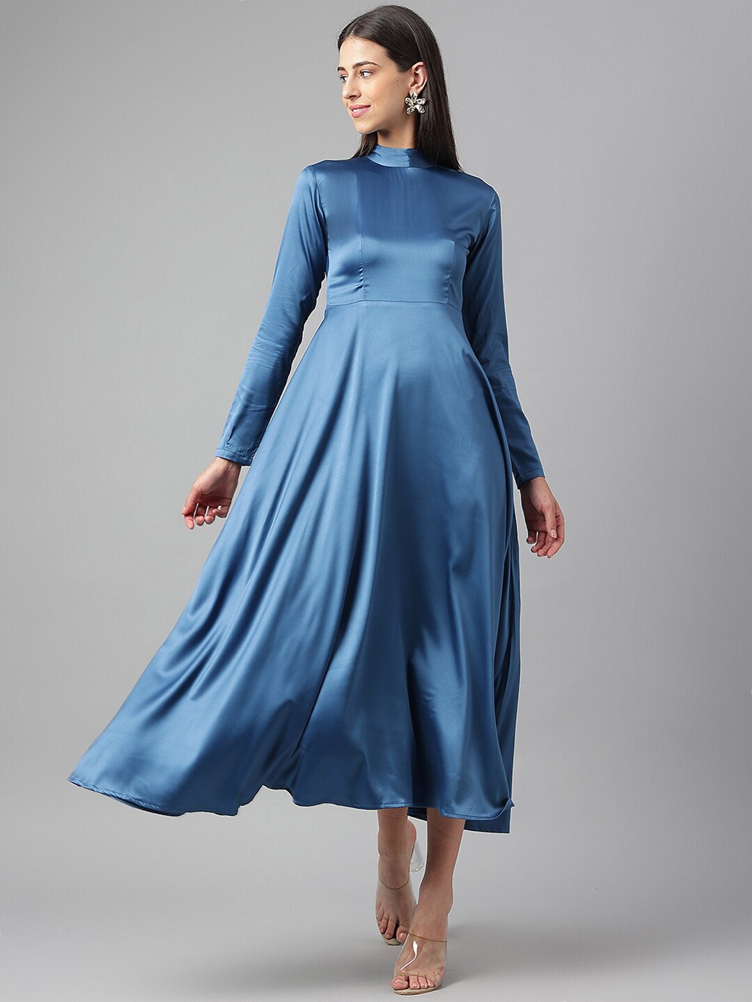 

Oh So Fly High Neck Satin Fit & Flare Midi Dress, Blue