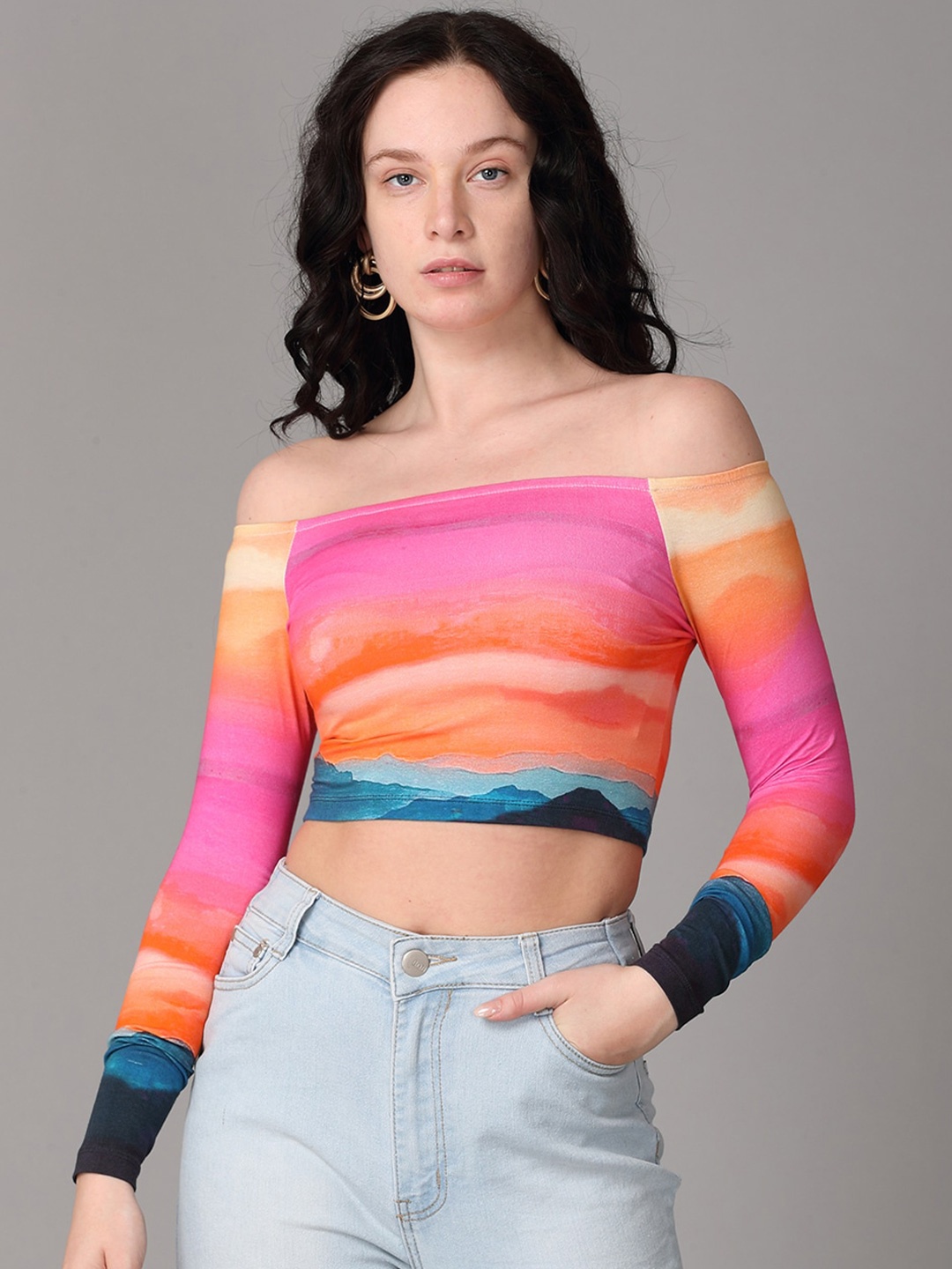 

Oh So Fly Tie and Dyed Off Shoulder Bardot Crop Top, Pink