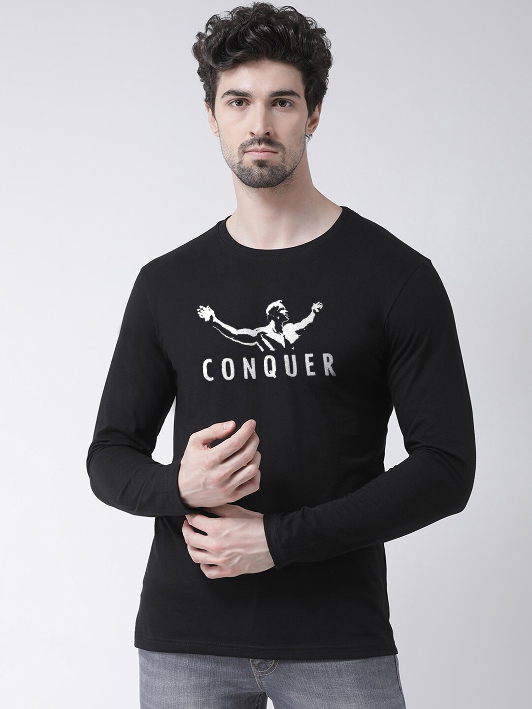 

Friskers Typography Printed Round Neck Long Sleeve Pure Cotton Slim Fit T-shirt, Black
