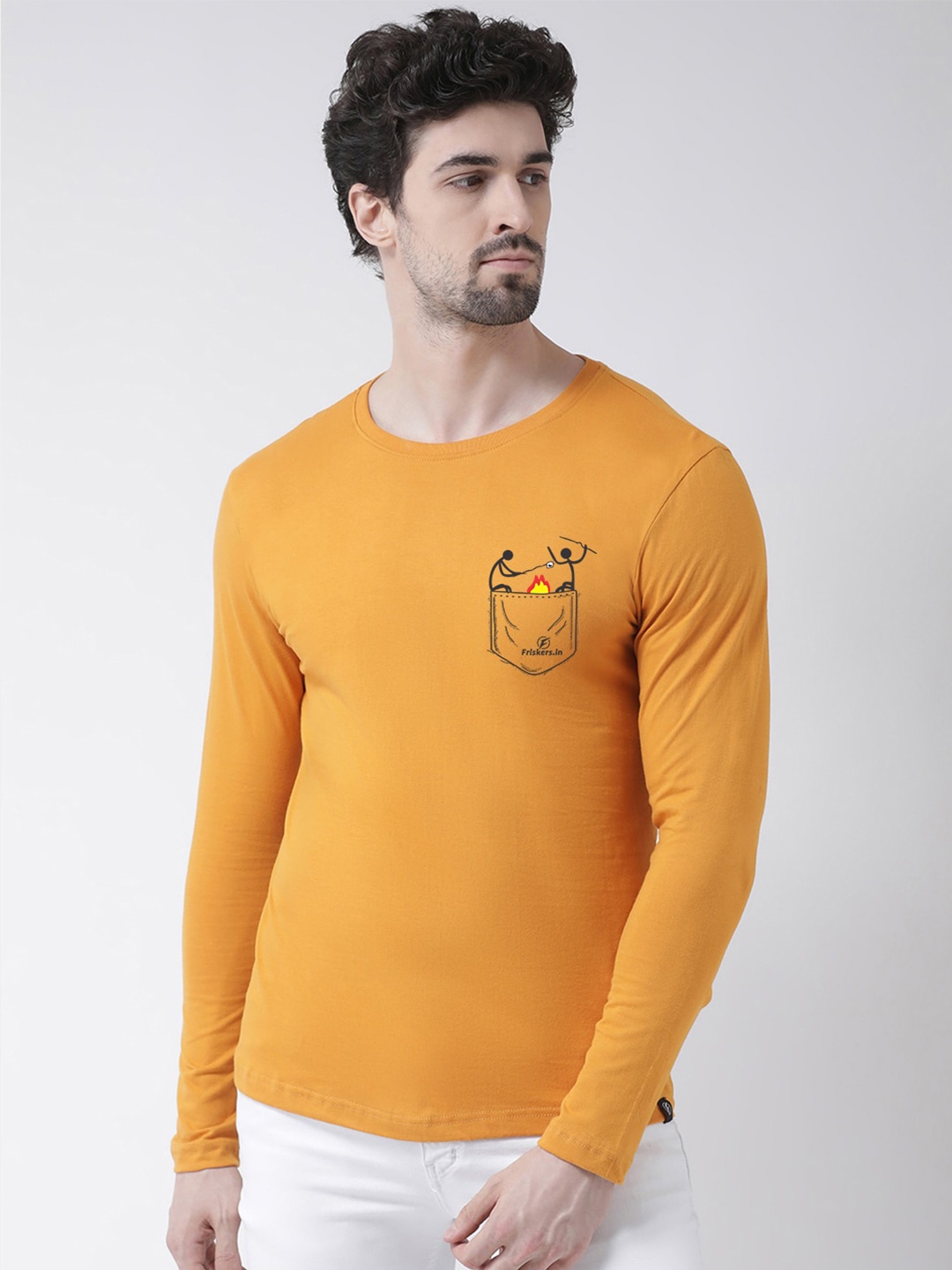 

Friskers Graphic Printed Round Neck Long Sleeve Pure Cotton Slim Fit T-shirt, Mustard