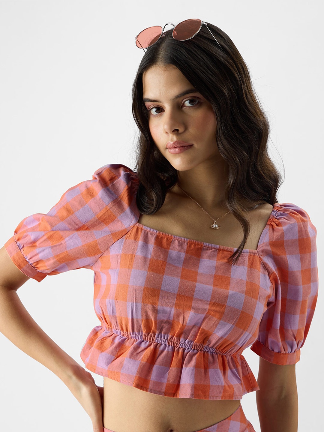 

The Souled Store Checked Puff Sleeve Pure Cotton Cinched Waist Crop Top, Orange