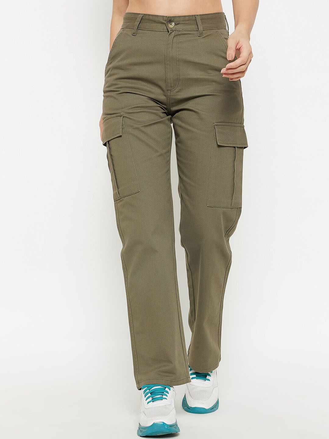 

Madame Women Mid-Rise Cotton Cargos Trousers, Olive