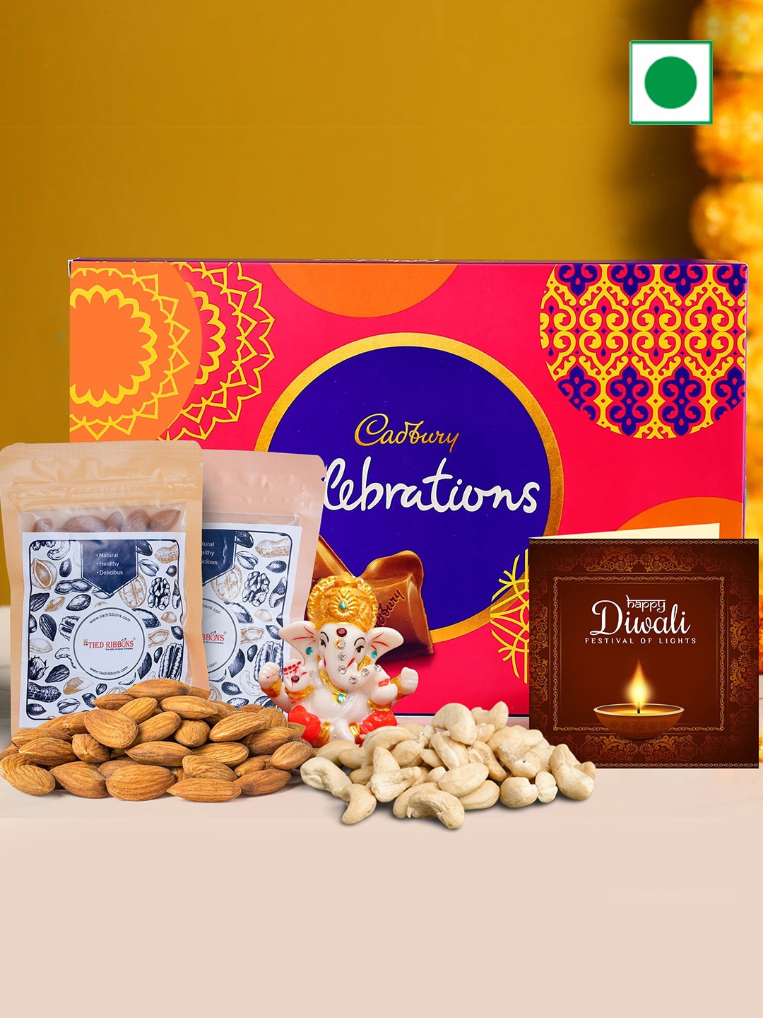 

TIED RIBBONS Diwali Gift Hamper With Chocolates Almonds Cashew Idol and Card, Red