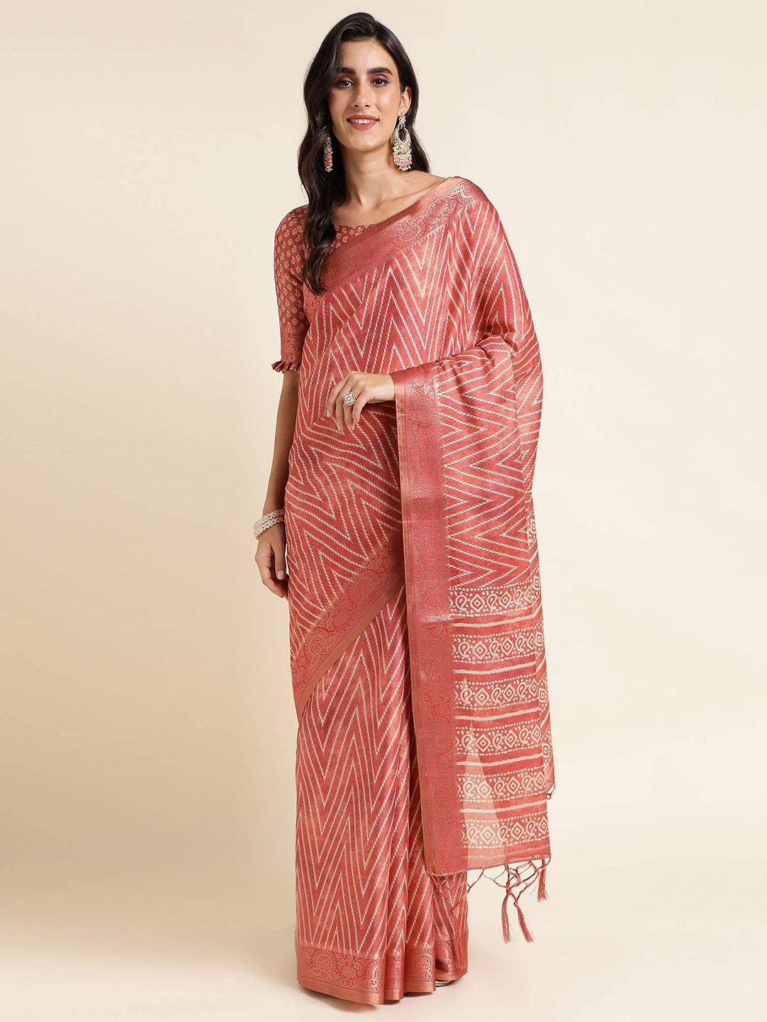 

Mitera Leheriya Printed Zari Saree, Pink