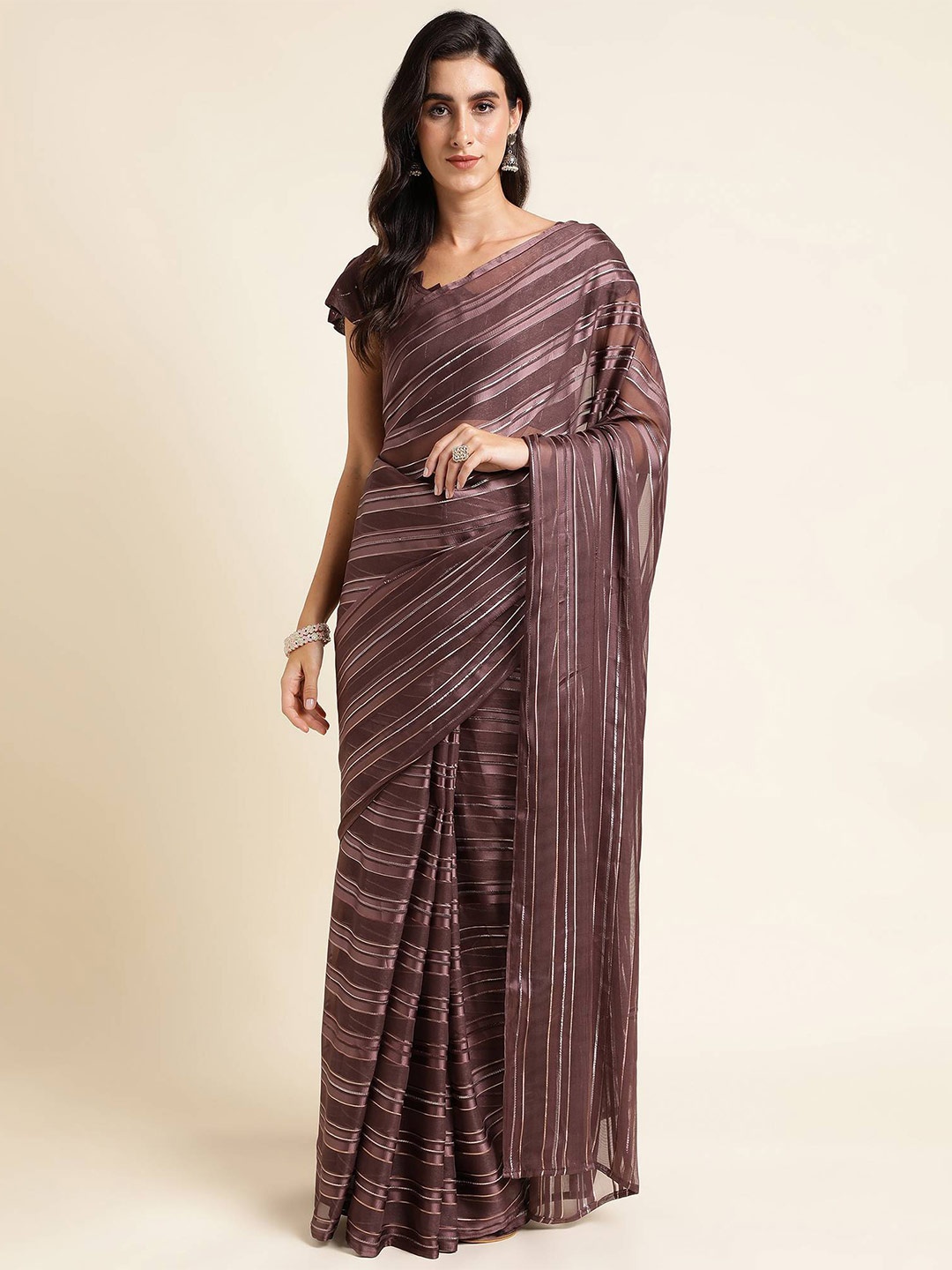 

Mitera Purple Striped Pure Georgette Ready to Wear Saree