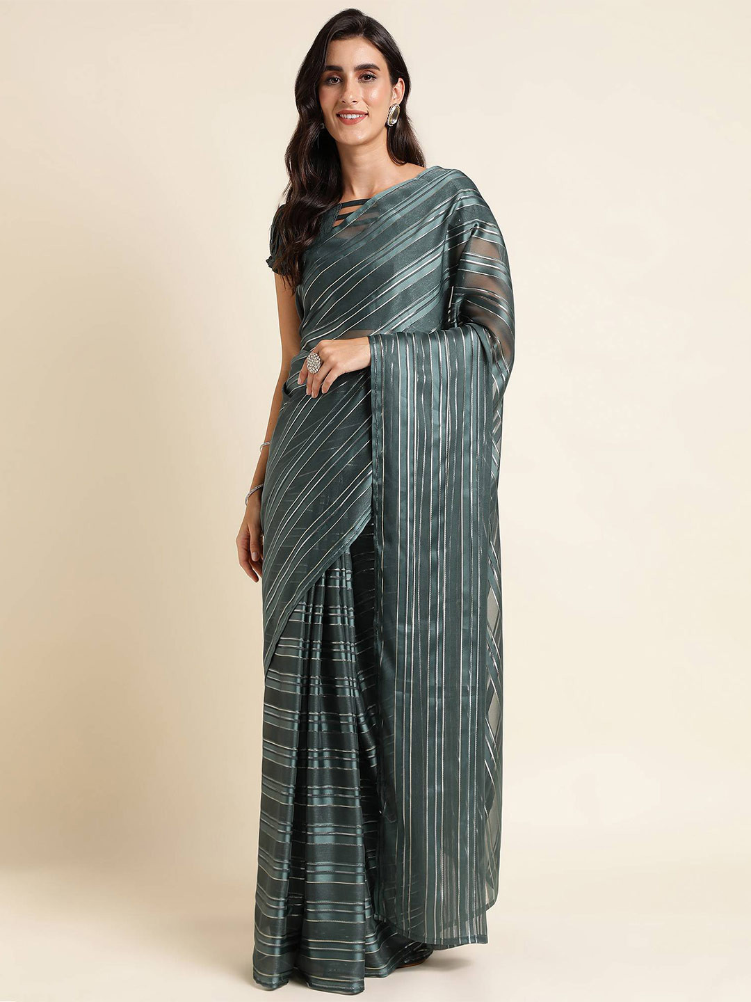 

Mitera Striped Pure Georgette Ready to Wear Saree, Grey