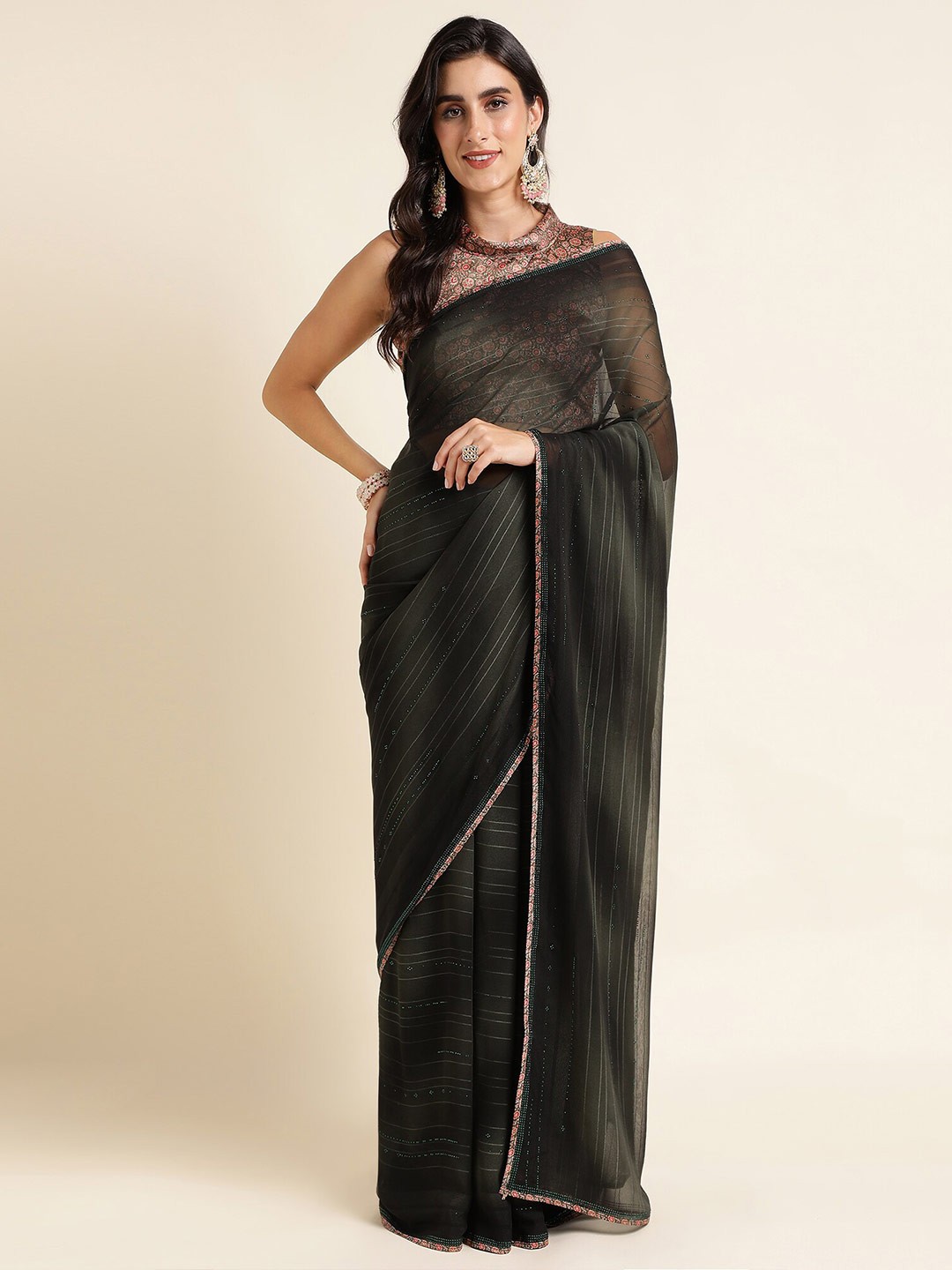 

Mitera Green & Pink Striped Pure Georgette Saree
