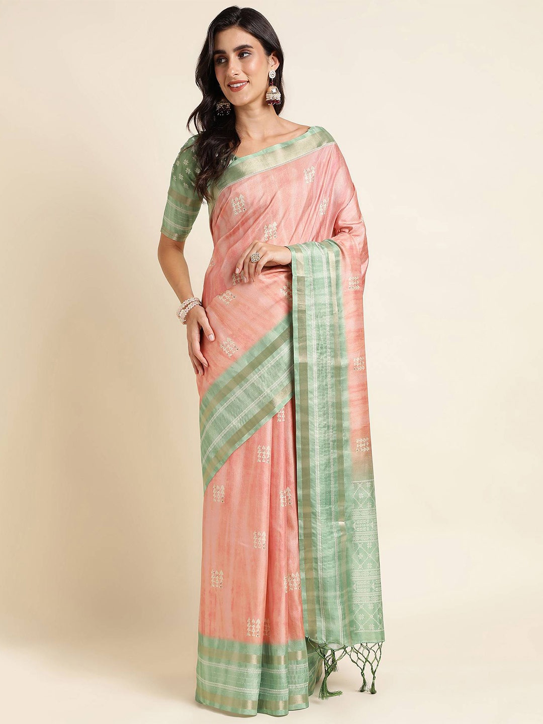 

Mitera Ethnic Motifs Printed Zari Pure Silk Saree, Peach