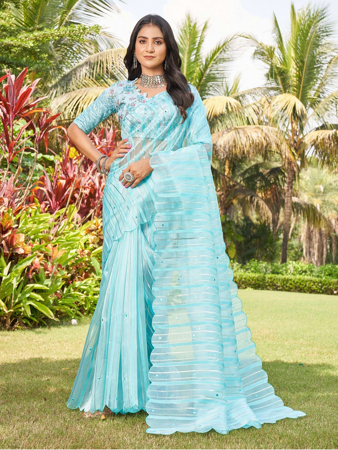Mitera Blue & Silver-Toned Striped Mirror Work Organza Saree