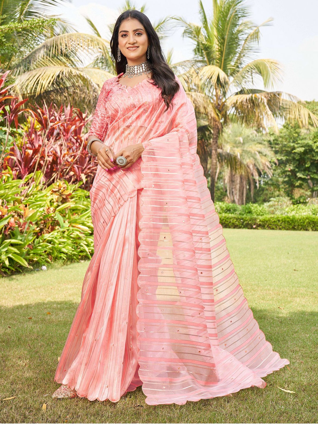

Mitera Striped Organza Saree, Peach