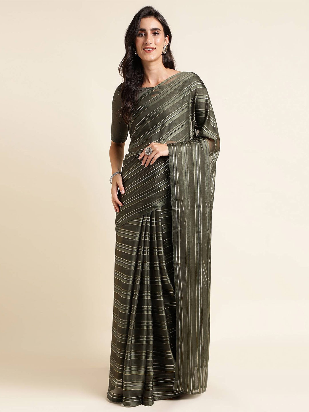 

Mitera Green & Gold-Toned Striped Pure Georgette Ready to Wear Saree