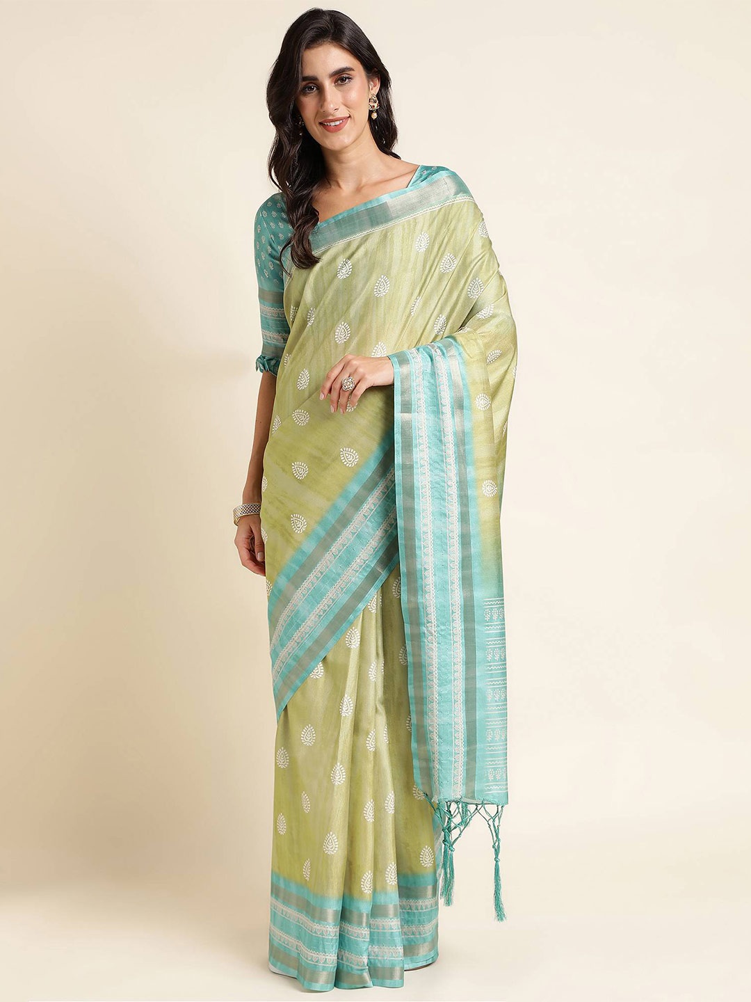 

Mitera Green & Blue Ethnic Motifs Printed Zari Pure Silk Saree