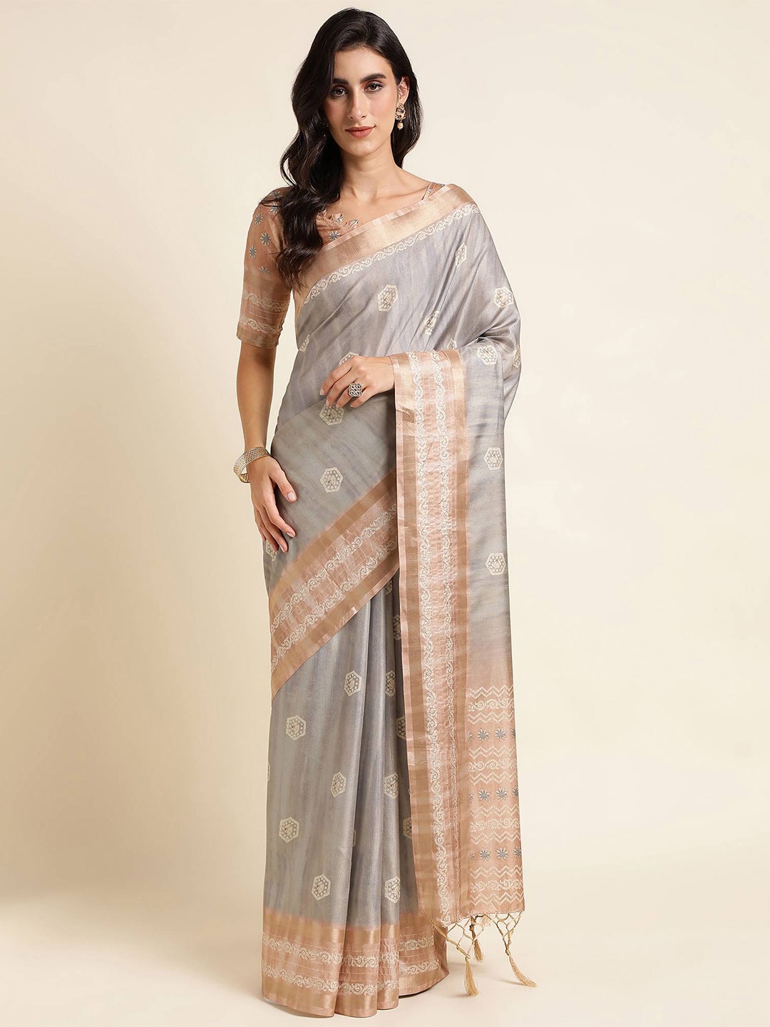 

Mitera Grey & White Ethnic Motifs Printed Zari Pure Silk Saree