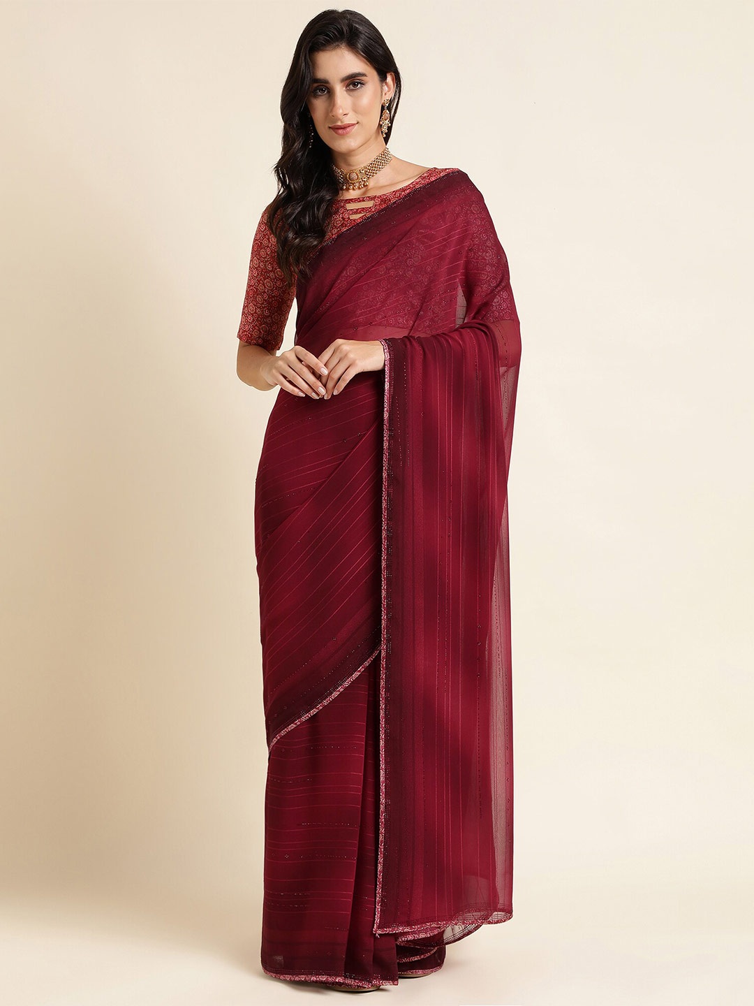 

Mitera Red Embellished Beads and Stones Pure Georgette Saree