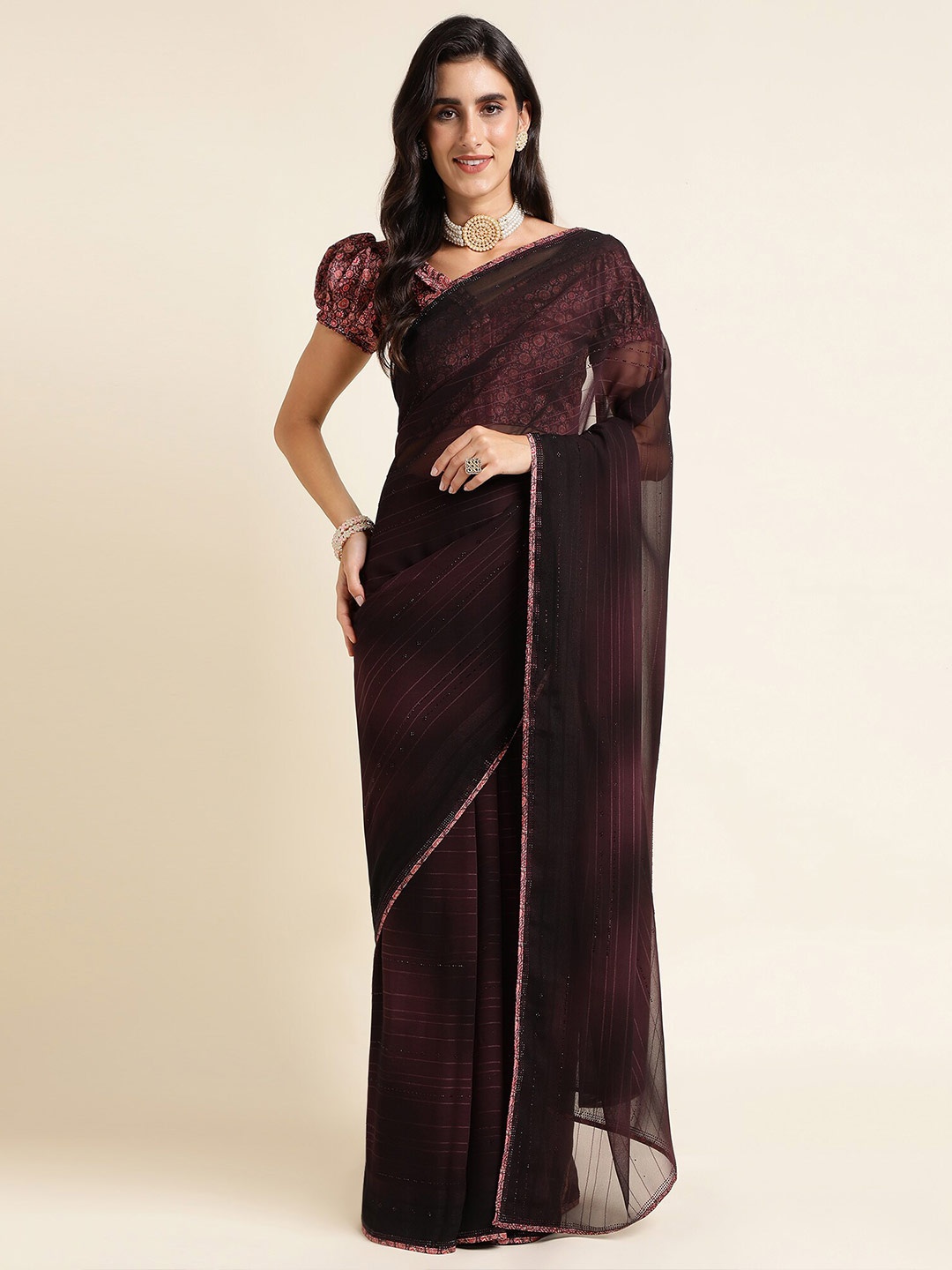

Mitera Magenta Striped Beads and Stones Pure Georgette Saree