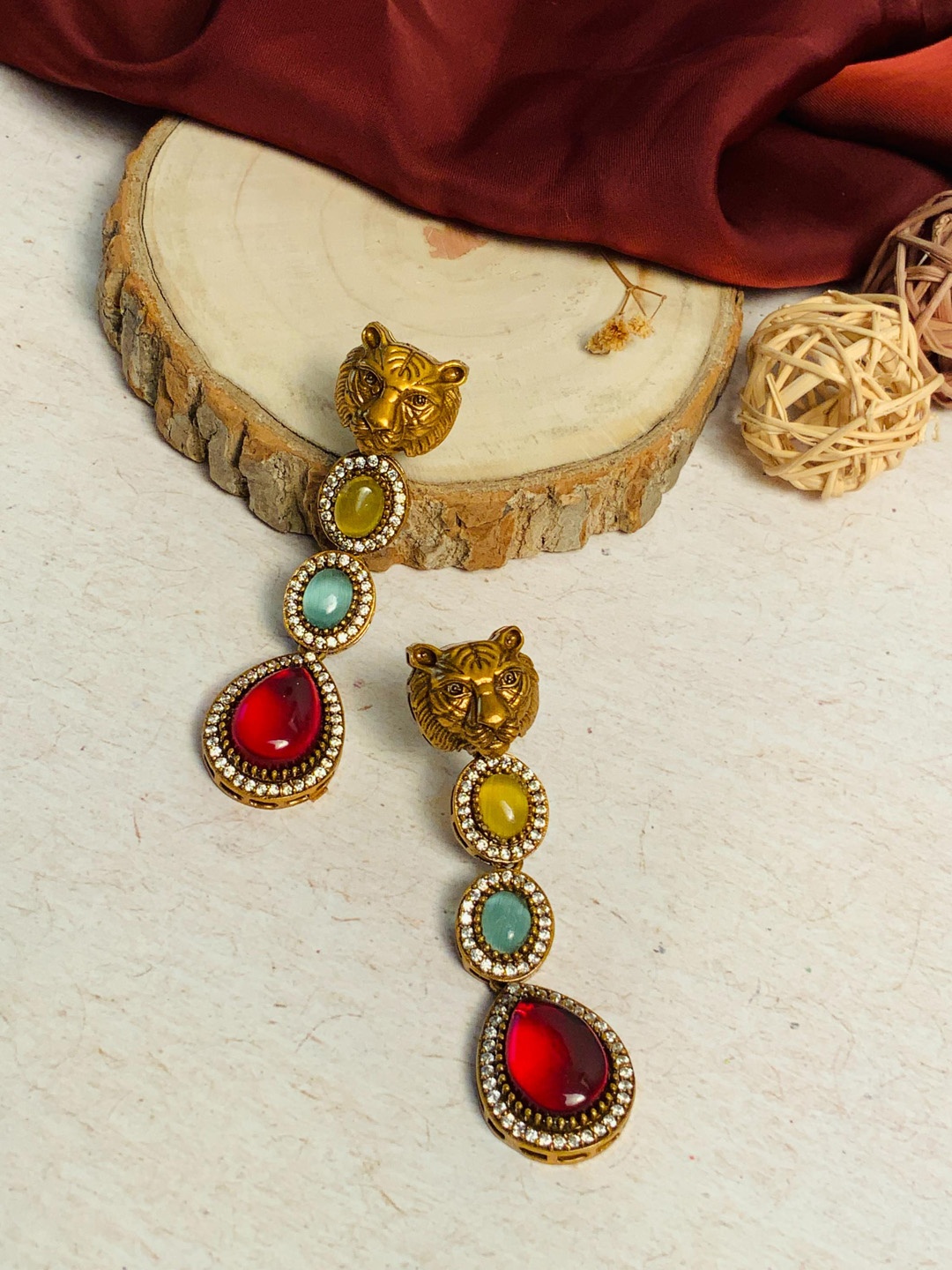 

ABDESIGNS Gold-Plated Contemporary Stones Studded Drop Earrings