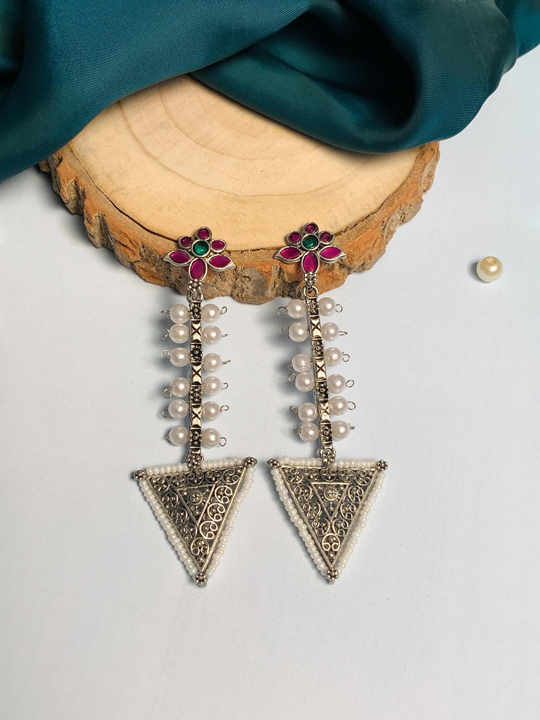 

ABDESIGNS Silver-Plated Contemporary Stones Studded Beads Beaded Drop Earrings