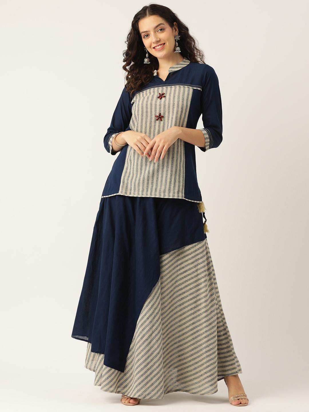 

Rue Collection Women Striped Kurti with Skirt, Navy blue