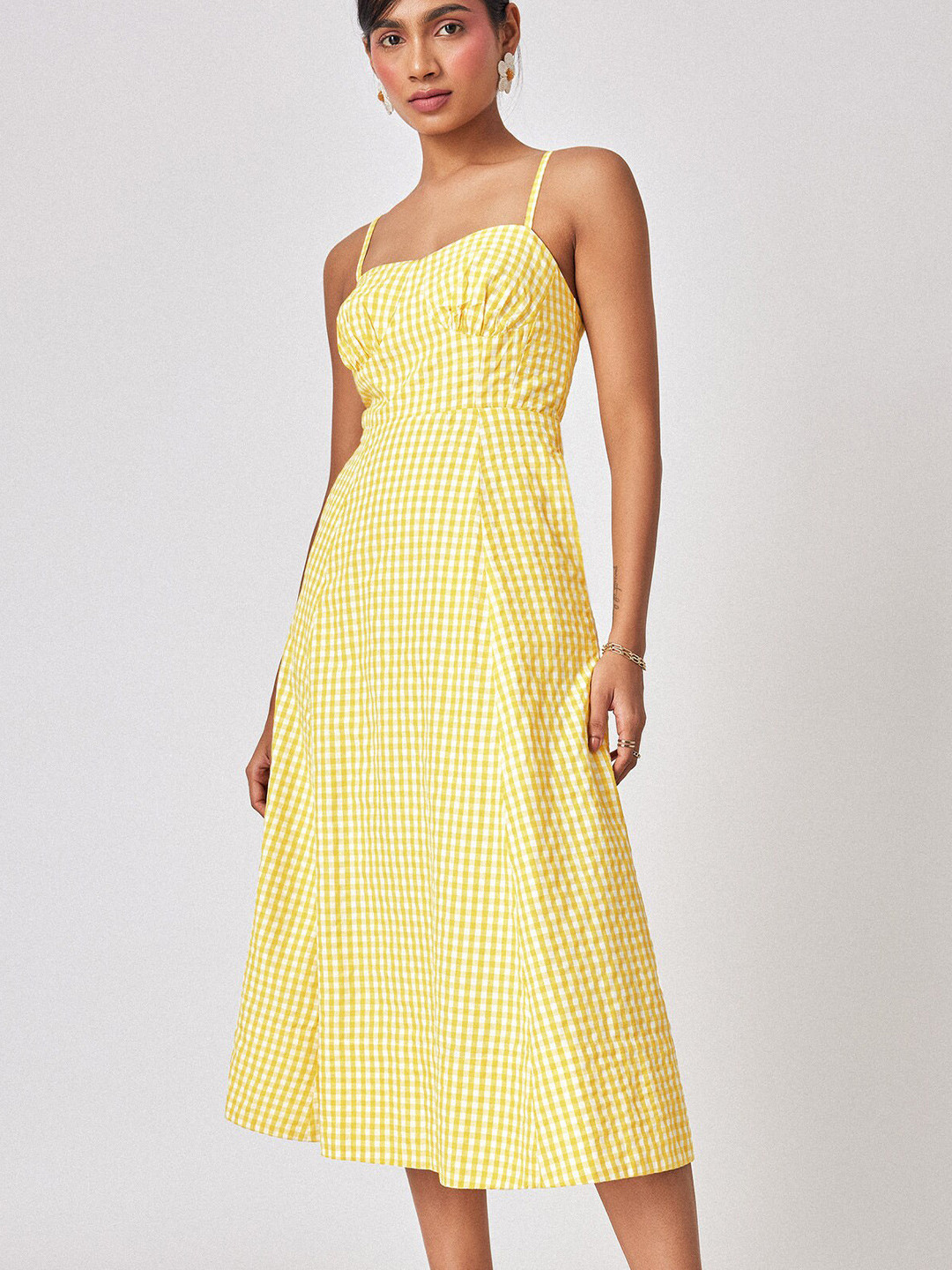 

The Label Life Checked Shoulder Straps Cotton A-Line Midi Dress, Yellow