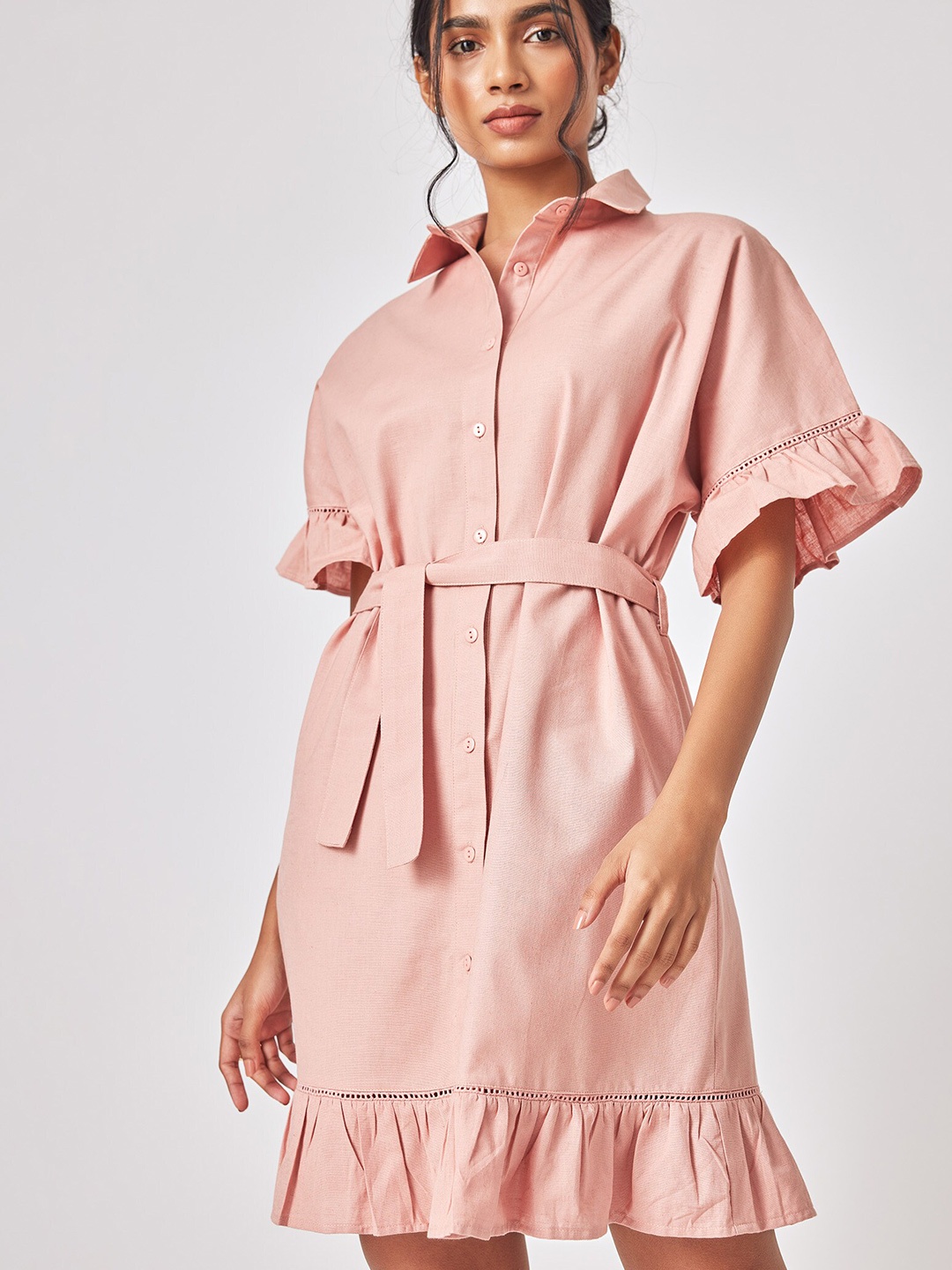 

The Label Life Shirt Collar Flared Sleeves Linen Shirt Dress, Pink