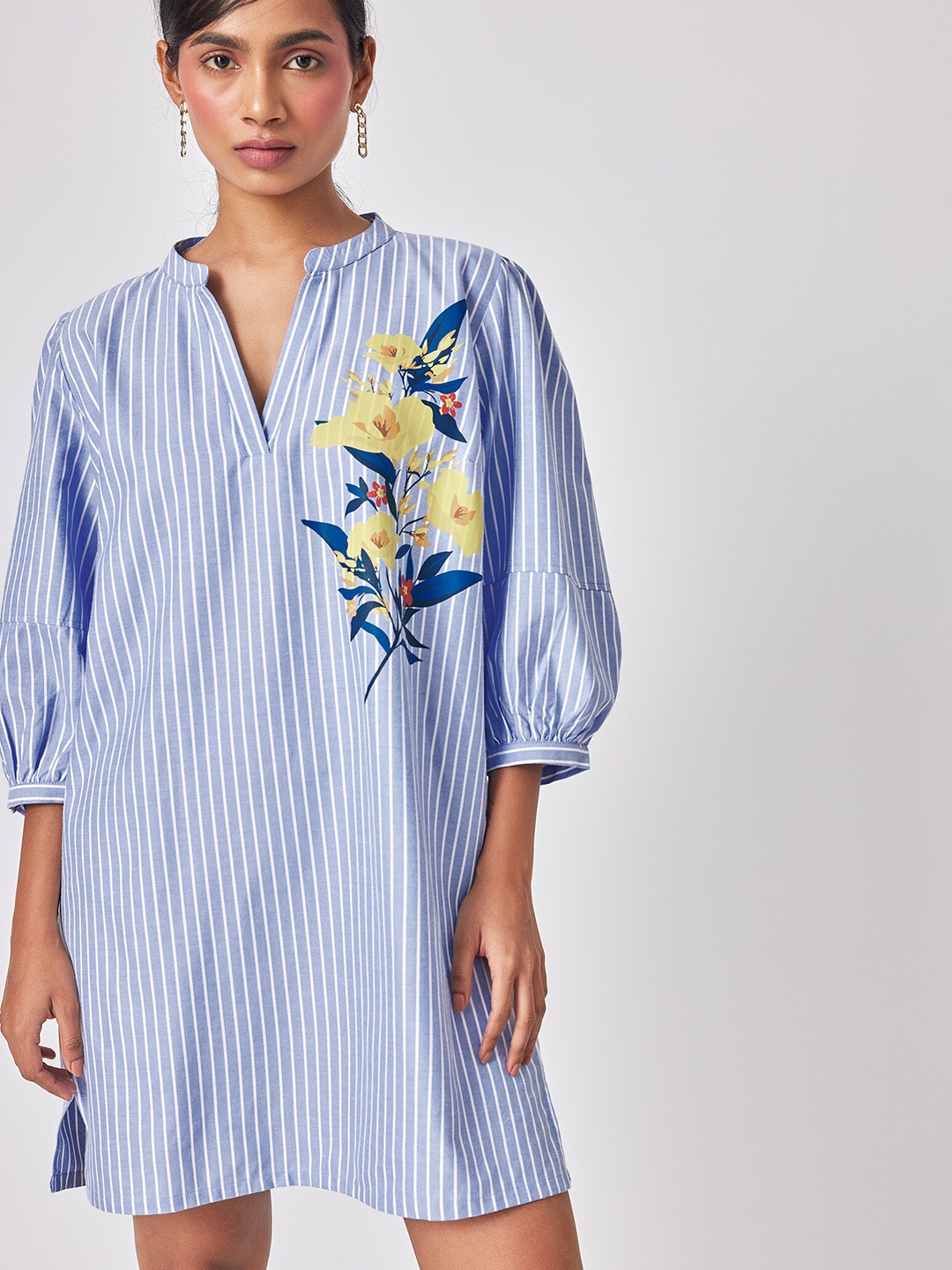 

The Label Life Striped Mandarin Collar Puff Sleeves Cotton A-Line Dress, Blue