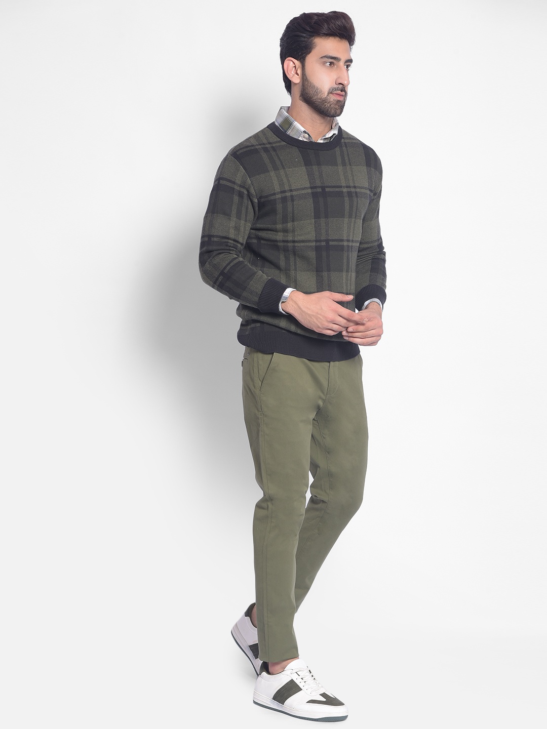 

Crimsoune Club Checked Pure Cotton Pullover, Olive