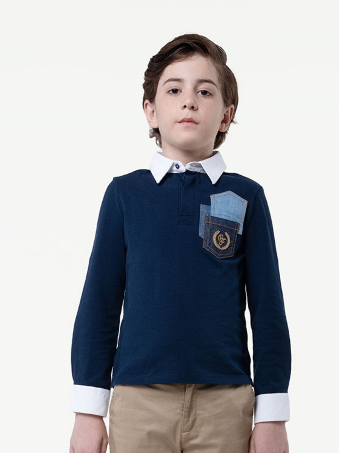 

One Friday Boys Polo Collar Long Sleeves Applique Detail T-shirt, Navy blue