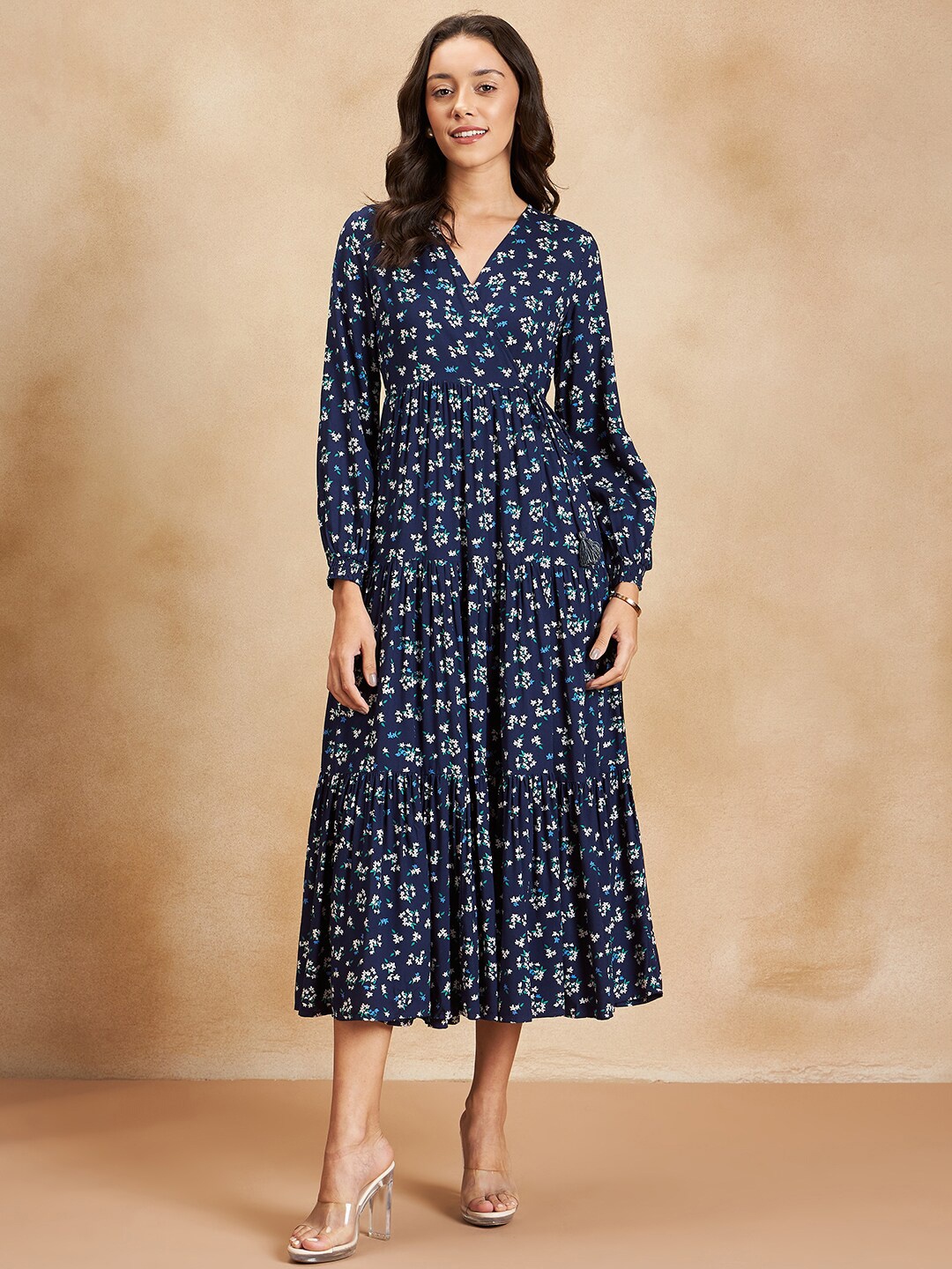 

Femella Floral Printed Wrap Midi Dress, Navy blue