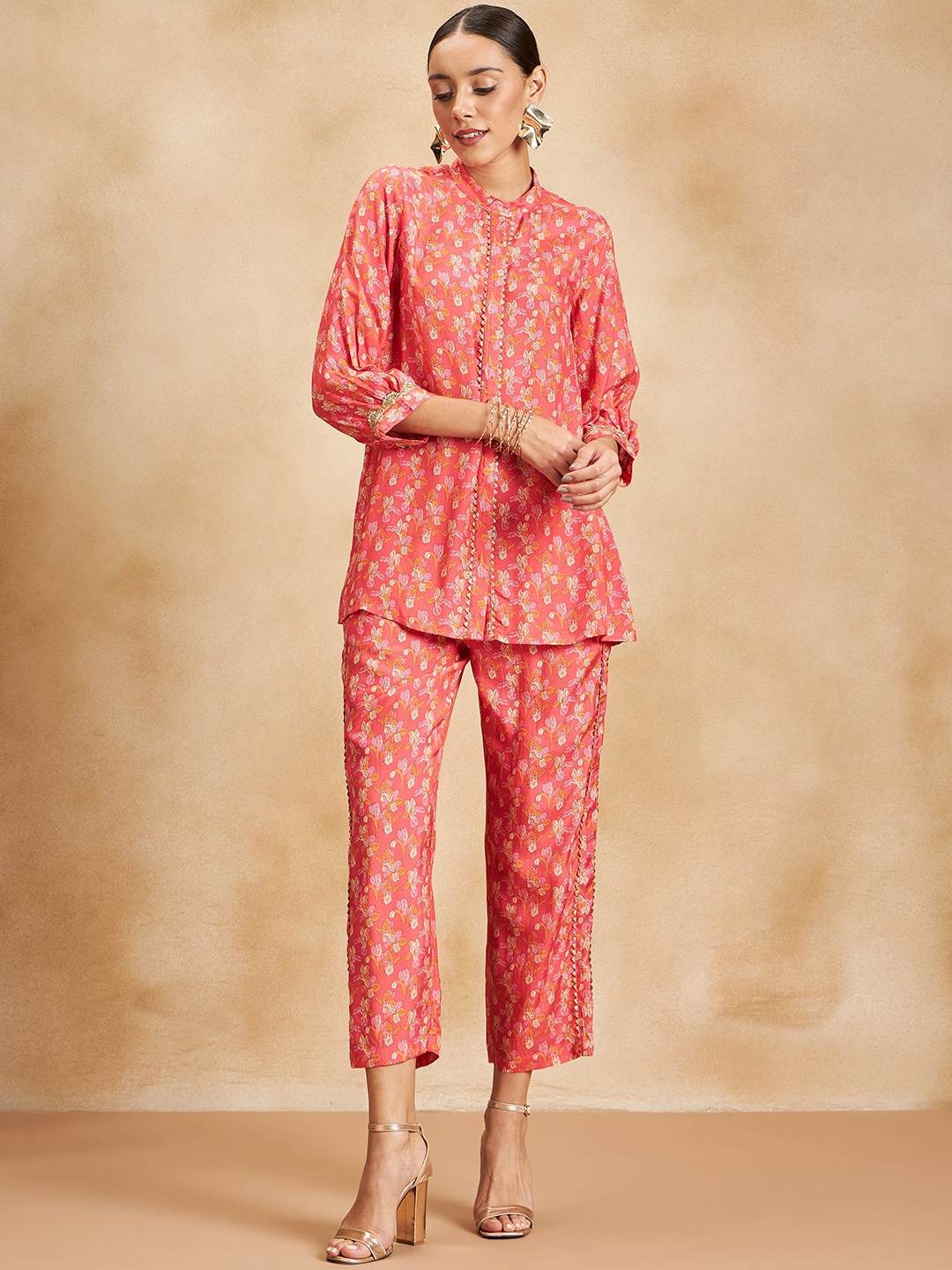 

Femella Printed Mandarin Collar Tunic With Trousers, Pink