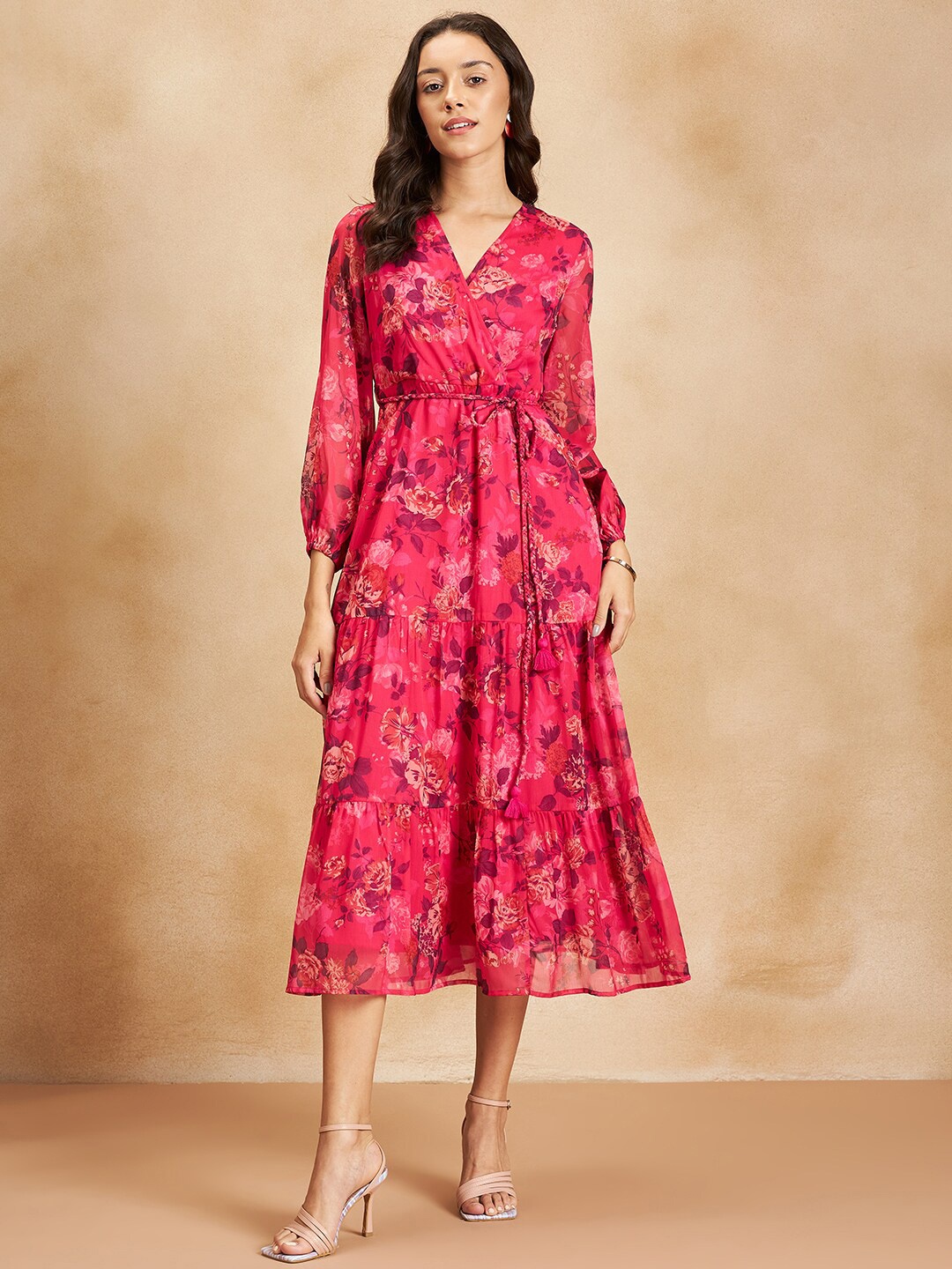 

Femella Floral Printed V-Neck Cuffed Sleeves Tie-Ups & Tiered Detail Wrap Midi Dress, Pink